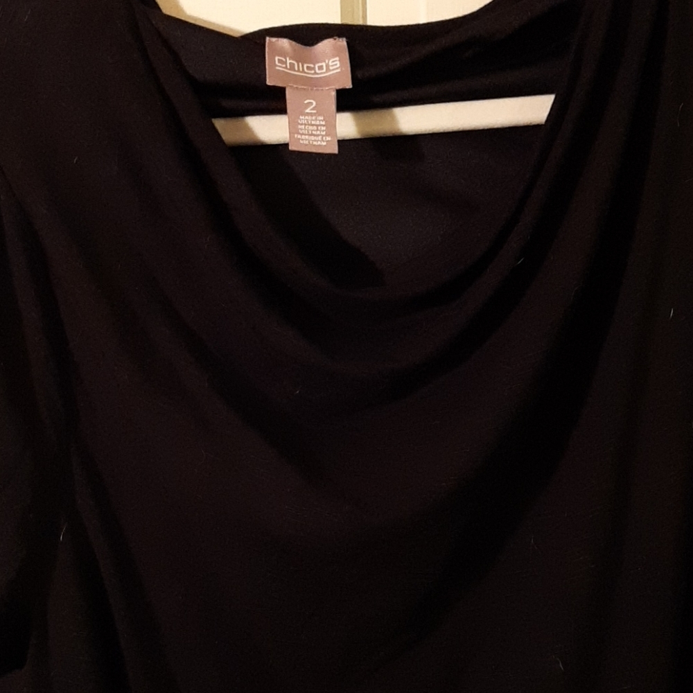 Black drape neck dress.